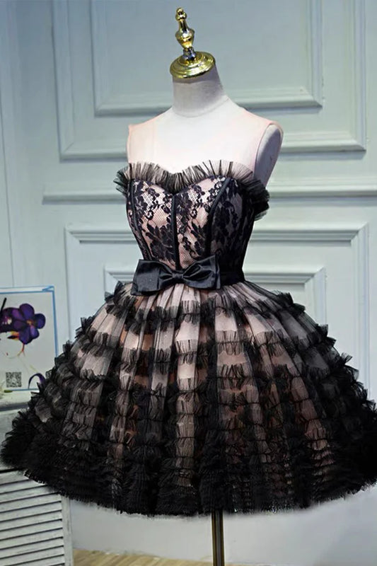 Black Tulle Lace Short Prom Dress A-Line Black Homecoming Dress