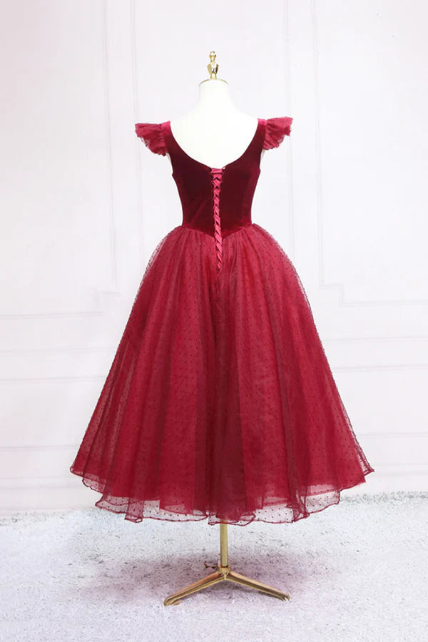 Burgundy Velvet Tulle Tea Length Prom Dress Cute A-Line Party Dress