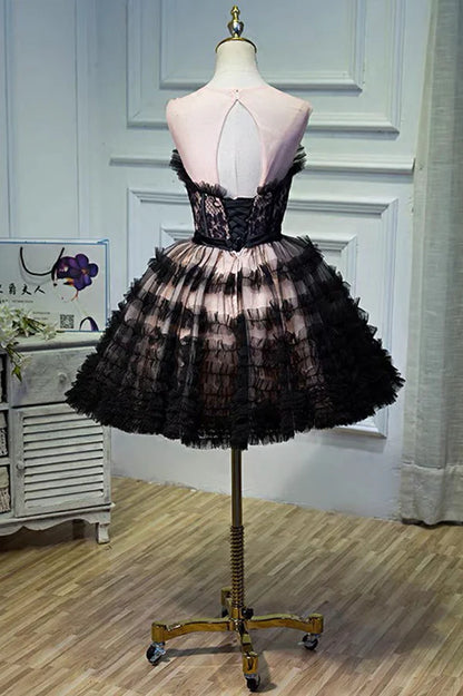 Black Tulle Lace Short Prom Dress A-Line Black Homecoming Dress