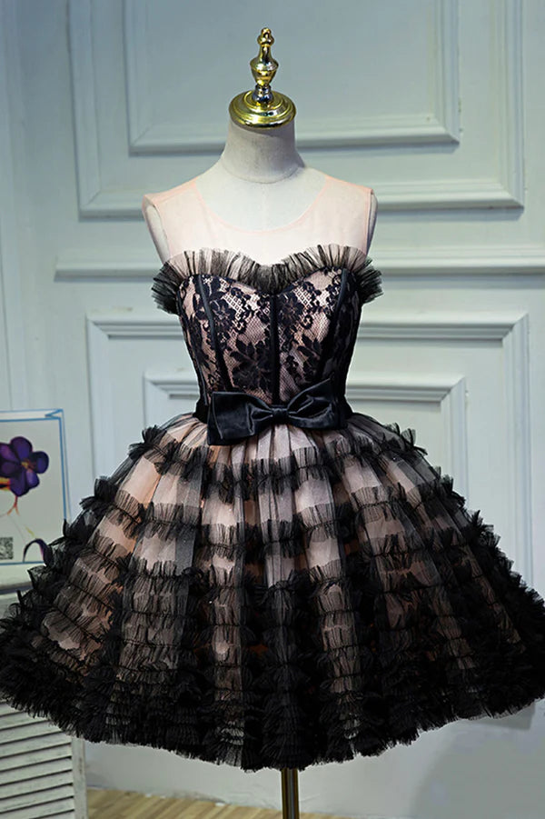 Black Tulle Lace Short Prom Dress A-Line Black Homecoming Dress