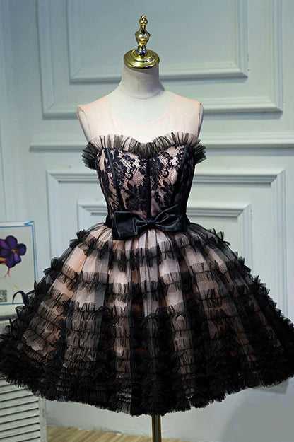 Black Tulle Lace Short Prom Dress A-Line Black Homecoming Dress