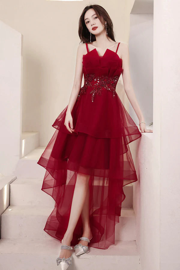 Burgundy Lace High-Low Prom Dress Lovely Homecoming Party Dress