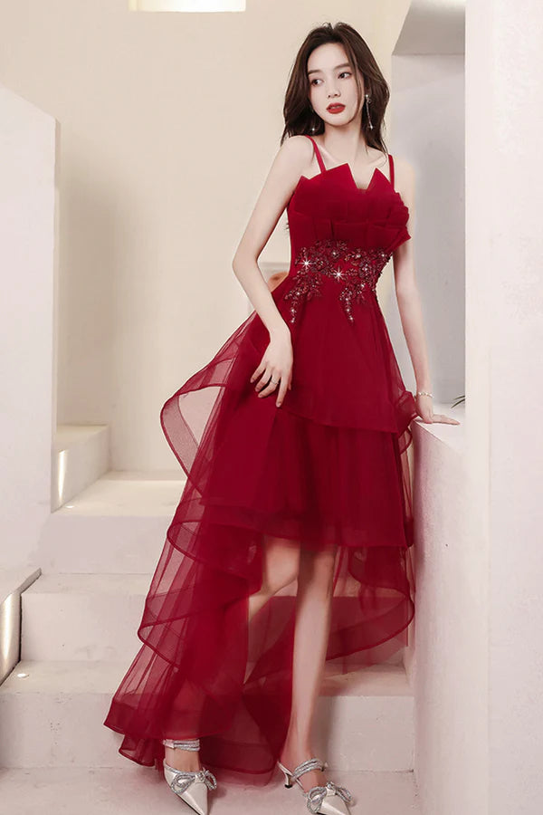 Burgundy Lace High-Low Prom Dress Lovely Homecoming Party Dress