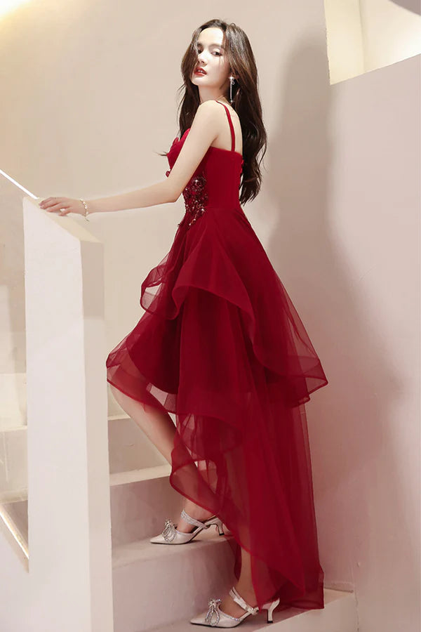 Burgundy Lace High-Low Prom Dress Lovely Homecoming Party Dress