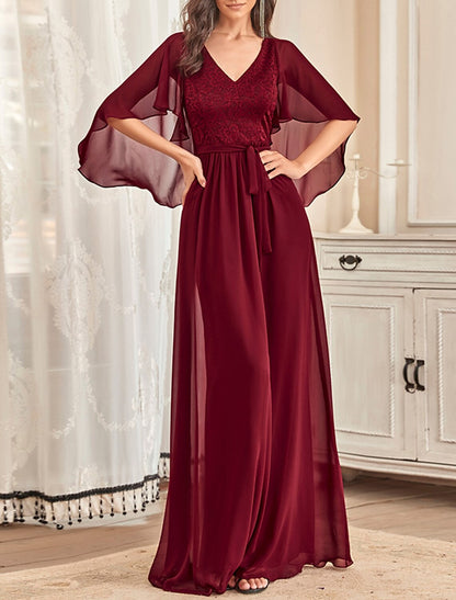 A-Line Mother of the Bride Dress Plus Size Elegant V Neck Floor Length Chiffon Tulle Half Sleeve with Sash / Ribbon