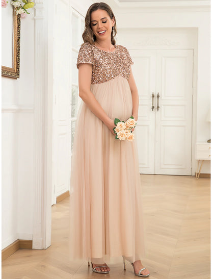 A-Line Party Dresses Maternity Dress Party Wear Wedding Guest Ankle Length Short Sleeve Jewel Neck Tulle with Sequin