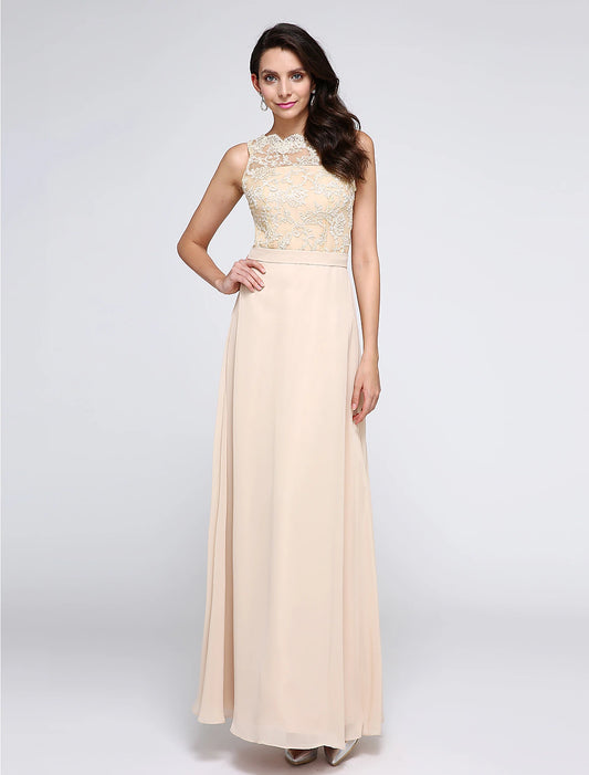 Sheath / Column Beautiful Back Dress Holiday Cocktail Party Ankle Length Sleeveless Jewel Neck Chiffon with Lace