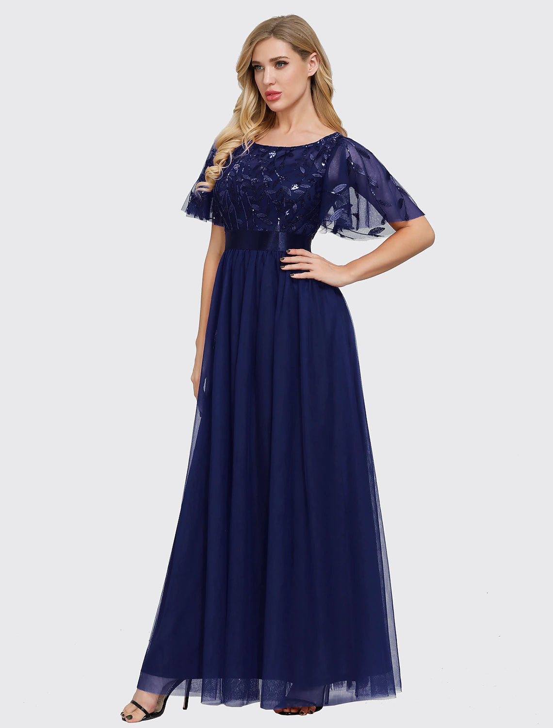 A-Line Empire Elegant Party Wear Prom Dress Jewel Neck Short Sleeve Floor Length Tulle with Embroidery