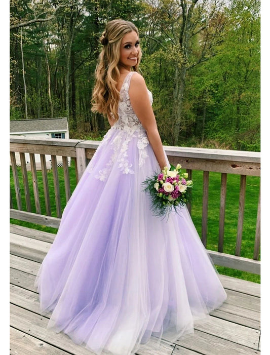 Ball Gown A-Line Prom Dresses Color Block Dress Formal Prom Floor Length Sleeveless V Neck Tulle Backless V Back with Beading Appliques