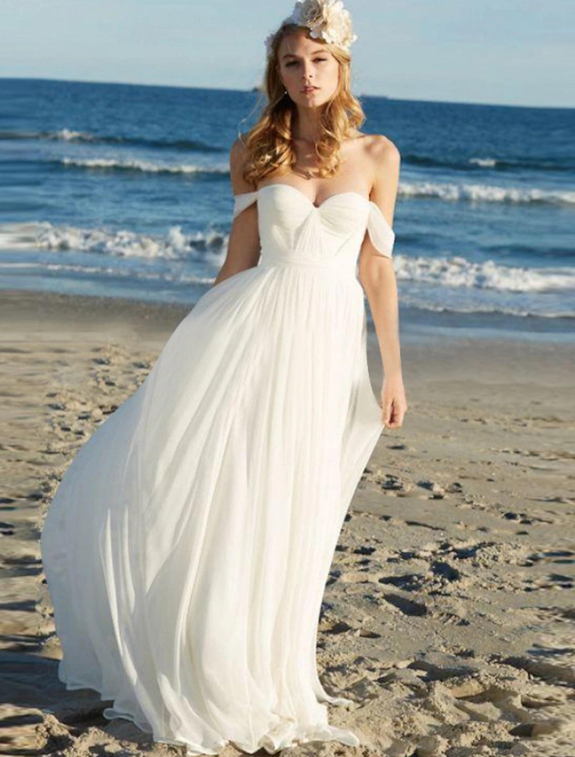 Beach Sexy Boho Wedding Dresses A-Line Off Shoulder Cap Sleeve Floor Length Chiffon Bridal Gowns With Pleats Solid