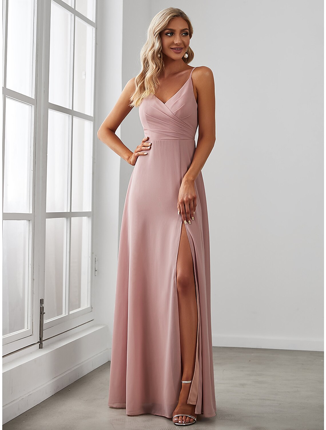 A-Line Bridesmaid Dress V Neck Sleeveless Elegant Floor Length Chiffon with Draping