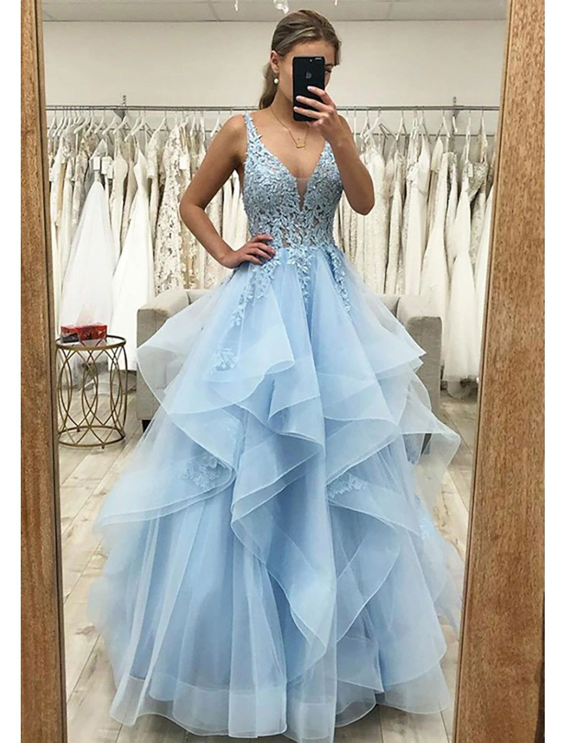 Ball Gown A-Line Prom Dresses Princess Dress Formal Prom Floor Length Sleeveless V Neck Tulle Backless with Pleats Ruched Appliques