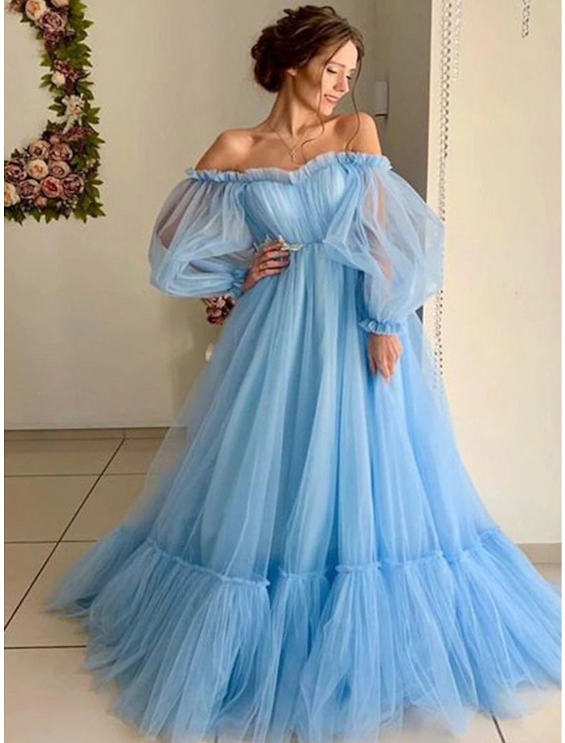 A-Line Minimalist Elegant Engagement Prom Dress Off Shoulder Long Sleeve Floor Length Tulle with Pleats Appliques