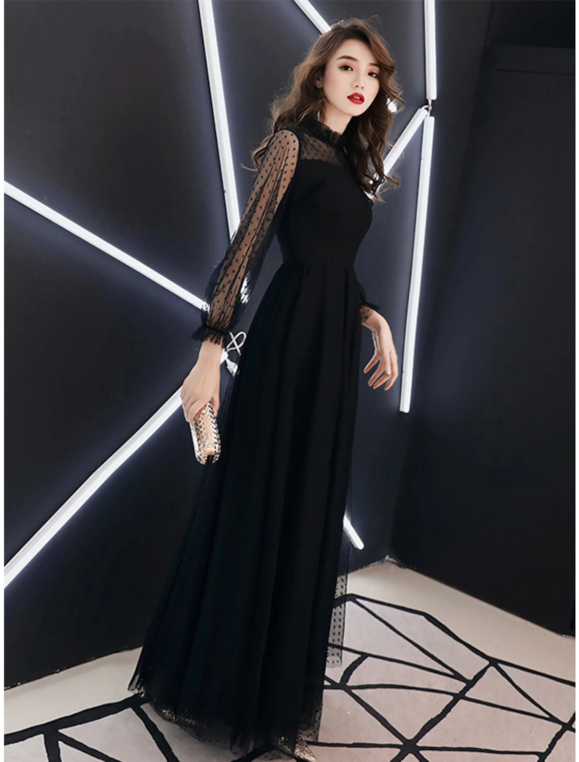 A-Line Black Dress Elegant Party Wear Prom Dress High Neck Long Sleeve Floor Length Lace with Ruffles