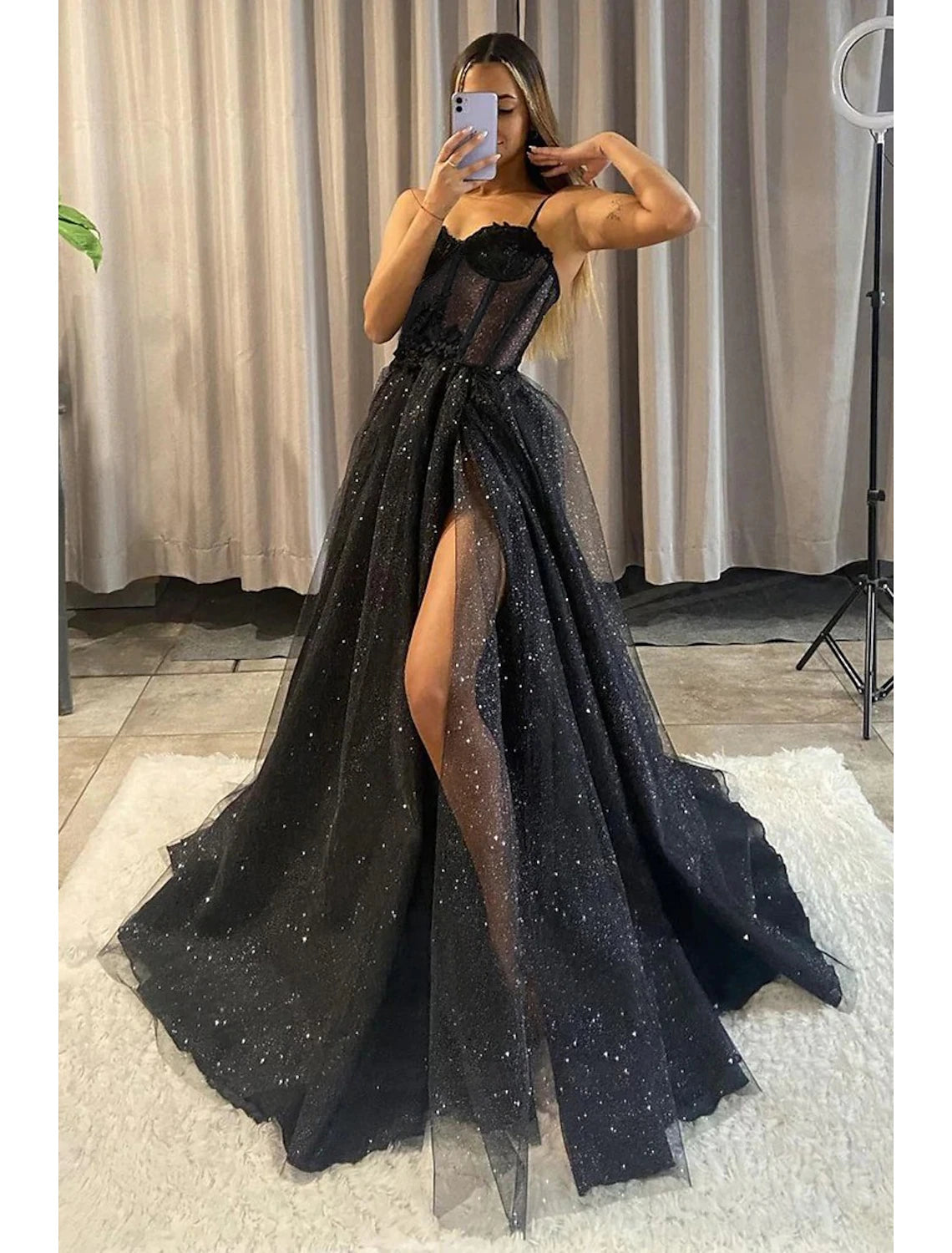 A-Line Prom Dresses Glitter Black Dress Wedding Dresses Formal Gothic Dress Floor Length Sleeveless Sweetheart Spaghetti Tulle