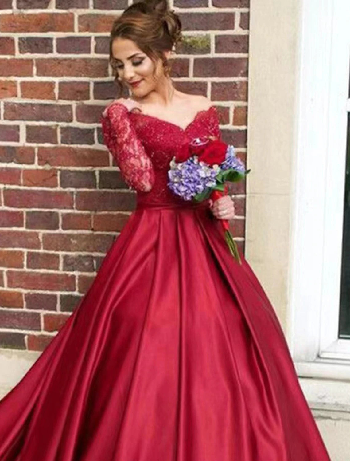 A-Line Evening Gown Floral Dress Sweet 16 Birthday Chapel Train Long Sleeve V Neck Satin with Appliques