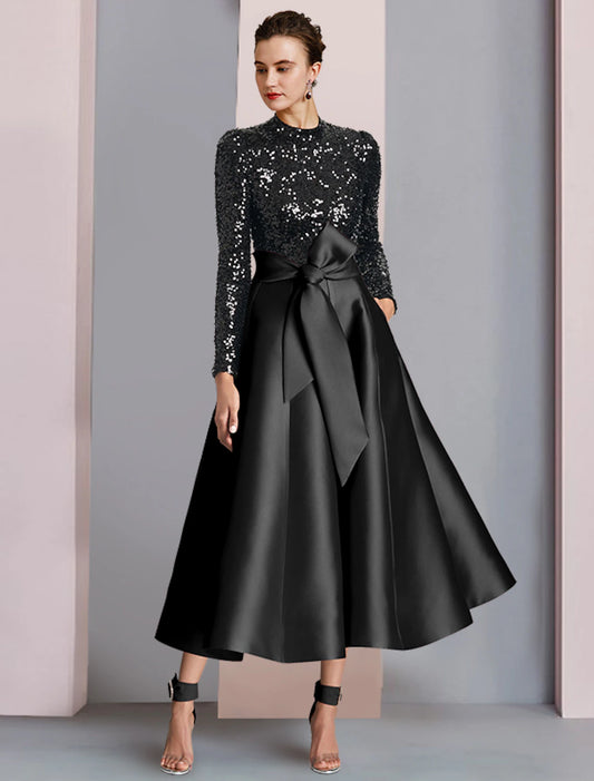 A-Line Mother of the Bride Dress Wedding Guest Elegant Sparkle & Shine High Neck Tea Length Satin Sequined Long Sleeve with Bow(s) Pleats