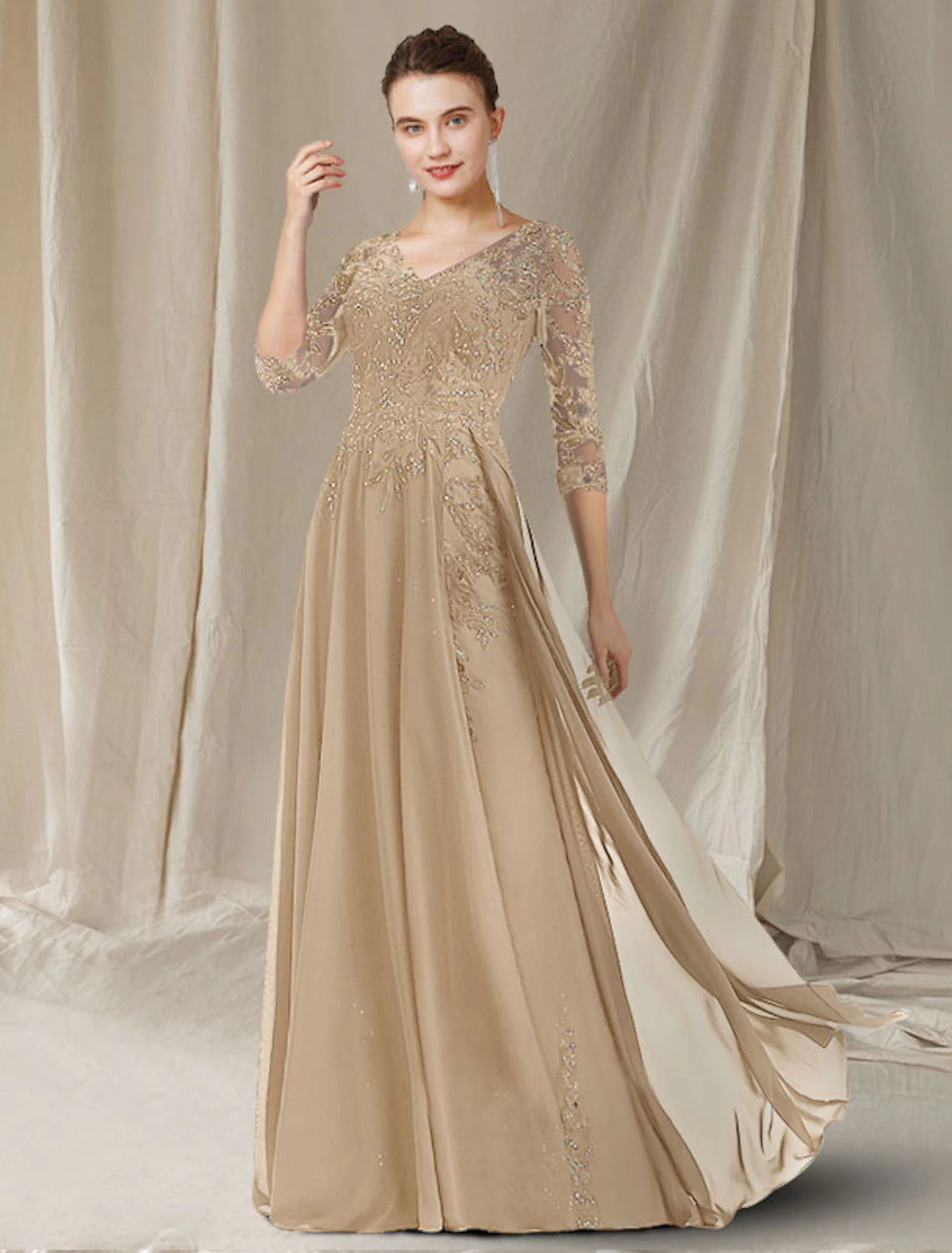 A-Line Mother of the Bride Dress Elegant V Neck Floor Length Chiffon Lace Sequined Half Sleeve with Sequin Appliques