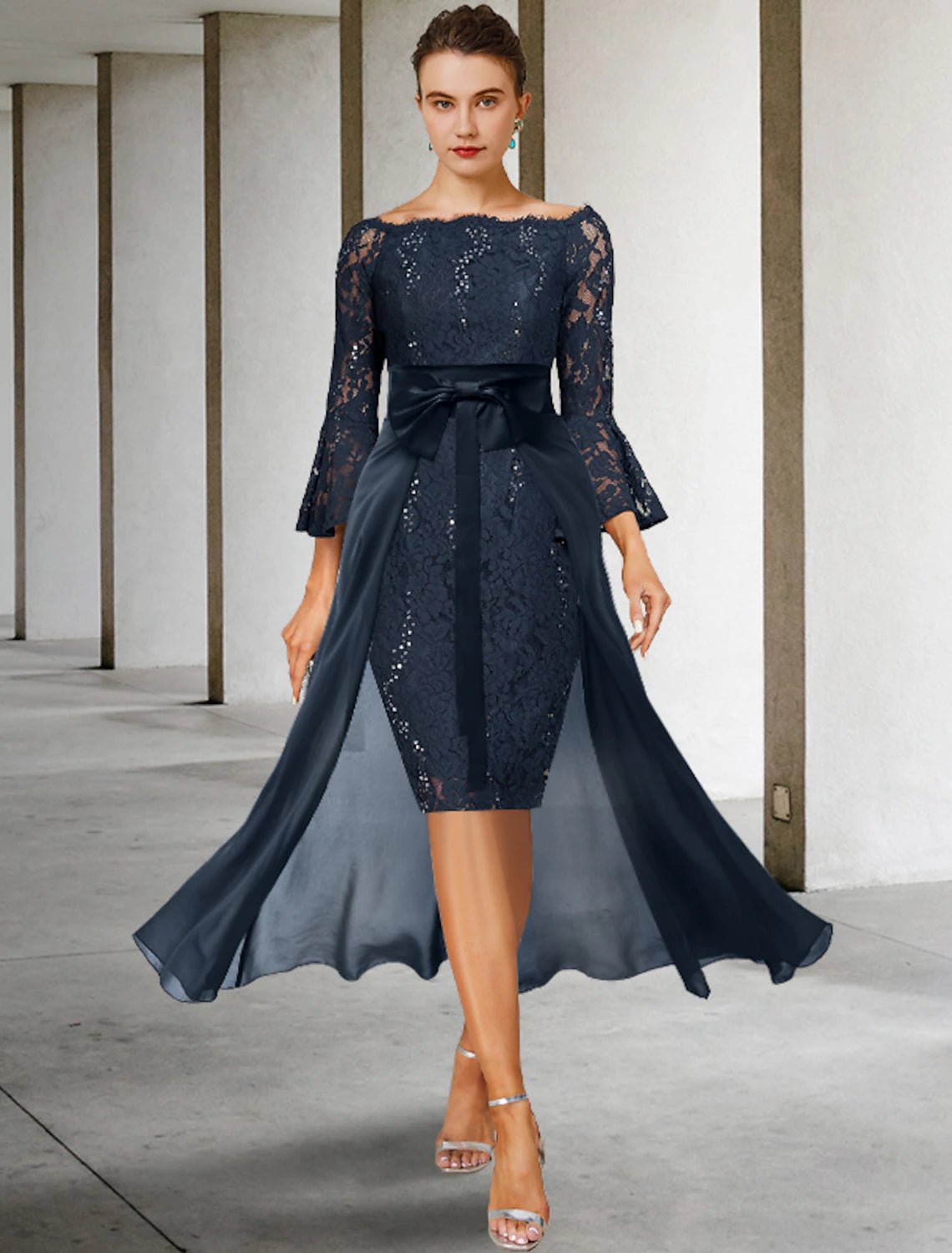 Two Piece Sheath / Column Mother of the Bride Dress Formal Wedding Guest Party Elegant Off Shoulder Knee Length Chiffon Lace Imitated Silk 3/4 Length Sleeve with Bow(s)