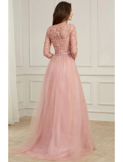 A-Line Evening Gown Spring Dress Party Wear Formal Evening Sweep / Brush Train Long Sleeve Jewel Neck Lace with Appliques