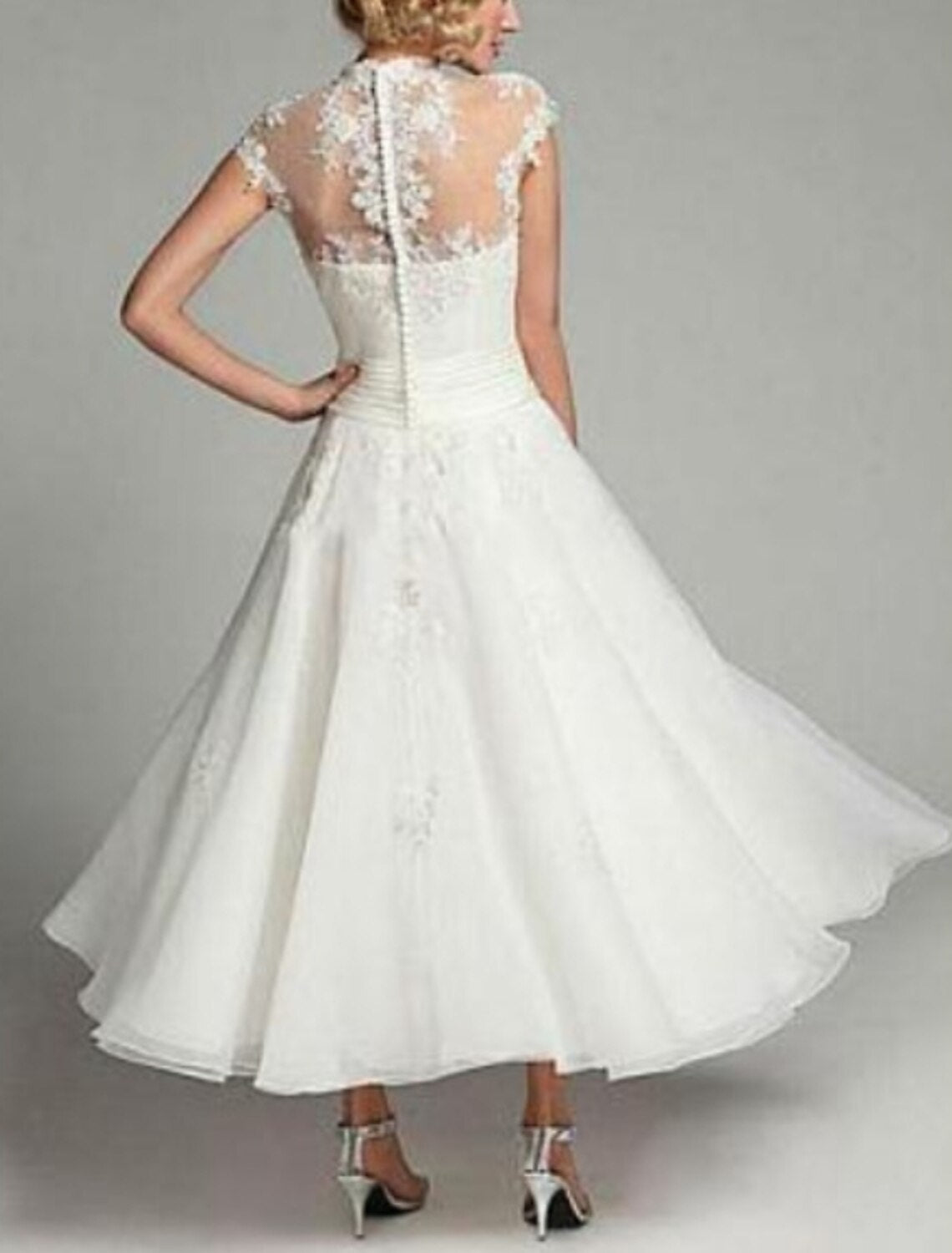 Reception Vintage 1940s / 1950s Little White Dresses Wedding Dresses A-Line Illusion Neck Cap Sleeve Ankle Length Lace Bridal Gowns With Ruched Appliques