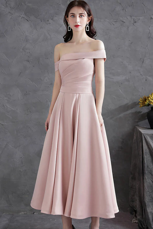 Pink Satin Short A-Line Prom Dress Off the Shoulder Evening Party Dress