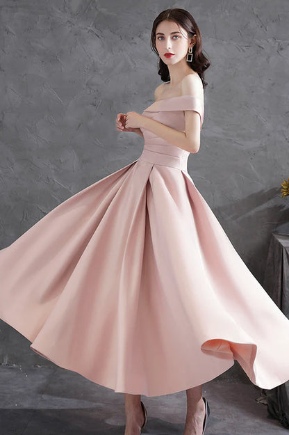 Pink Satin Short A-Line Prom Dress Off the Shoulder Evening Party Dress