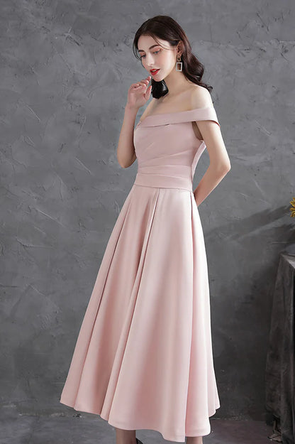 Pink Satin Short A-Line Prom Dress Off the Shoulder Evening Party Dress