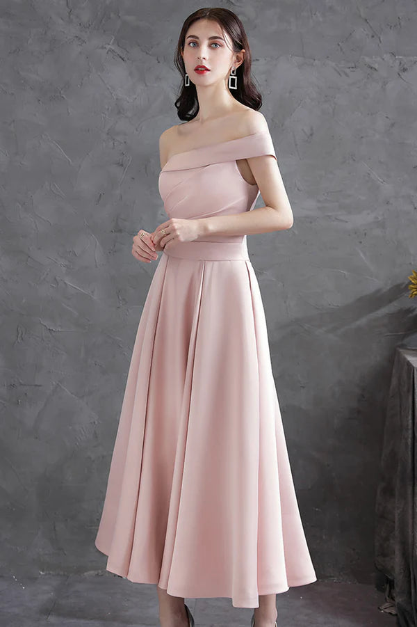 Pink Satin Short A-Line Prom Dress Off the Shoulder Evening Party Dress