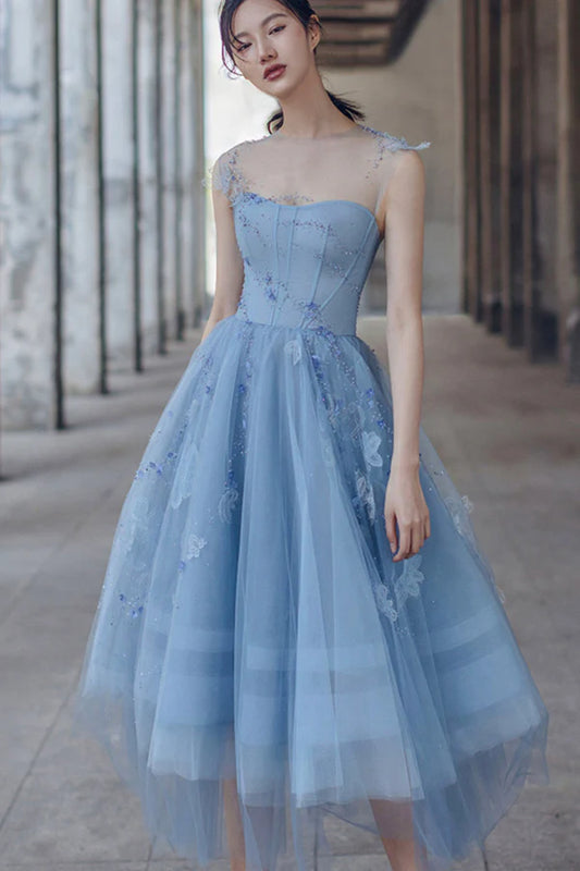 Blue Tulle Lace Short Prom Dress Beautiful See Through Homecoming Party Dress