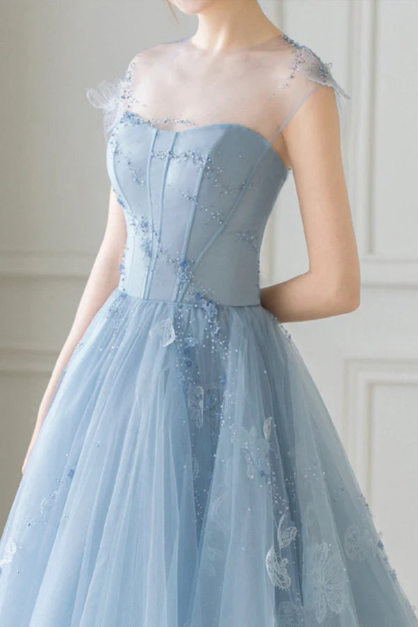 Blue Tulle Lace Short Prom Dress Beautiful See Through Homecoming Party Dress