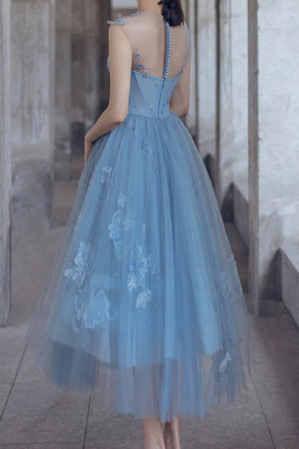 Blue Tulle Lace Short Prom Dress Beautiful See Through Homecoming Party Dress