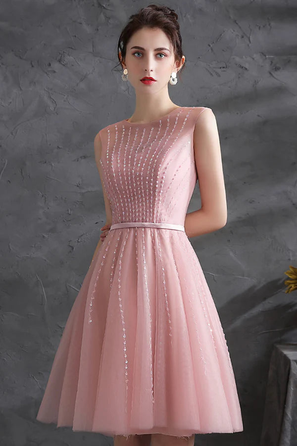 Pink Scoop Tulle Short Prom Dress with Beaded Pink Knee Length Party Dress