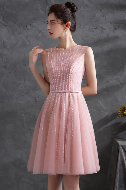 Pink Scoop Tulle Short Prom Dress with Beaded Pink Knee Length Party Dress