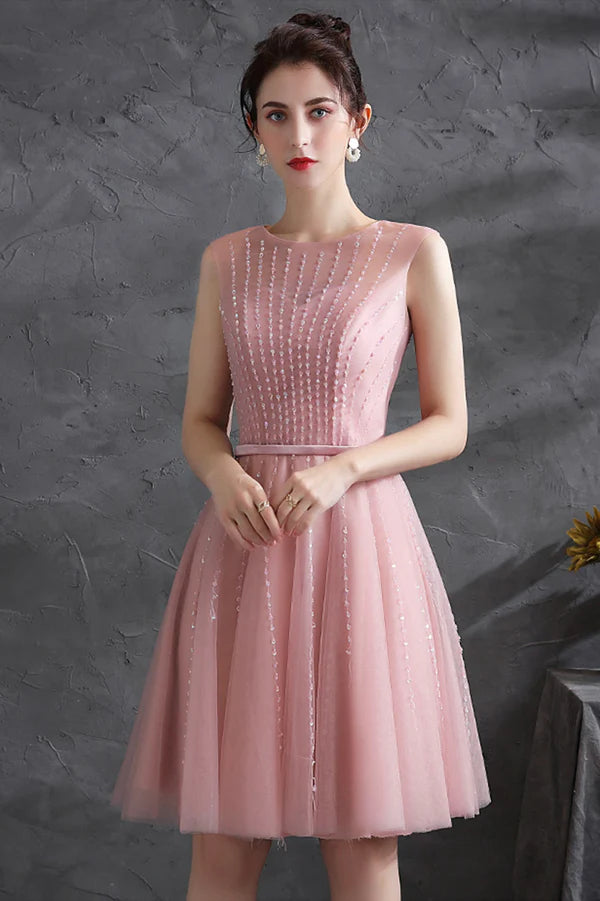 Pink Scoop Tulle Short Prom Dress with Beaded Pink Knee Length Party Dress