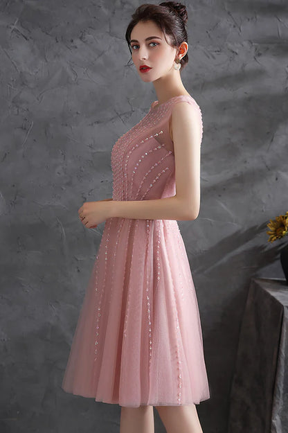 Pink Scoop Tulle Short Prom Dress with Beaded Pink Knee Length Party Dress