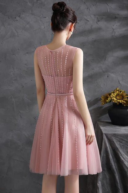 Pink Scoop Tulle Short Prom Dress with Beaded Pink Knee Length Party Dress