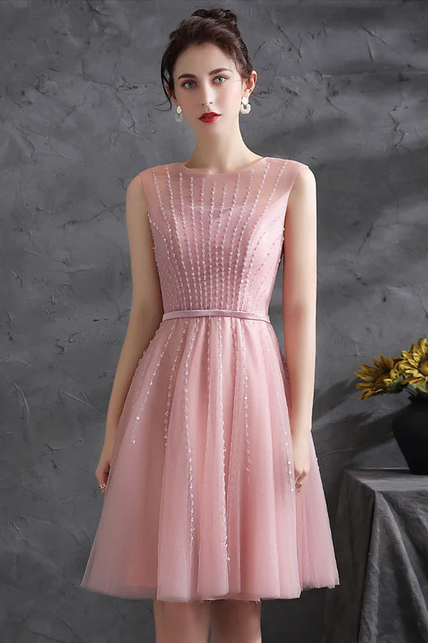 Pink Scoop Tulle Short Prom Dress with Beaded Pink Knee Length Party Dress