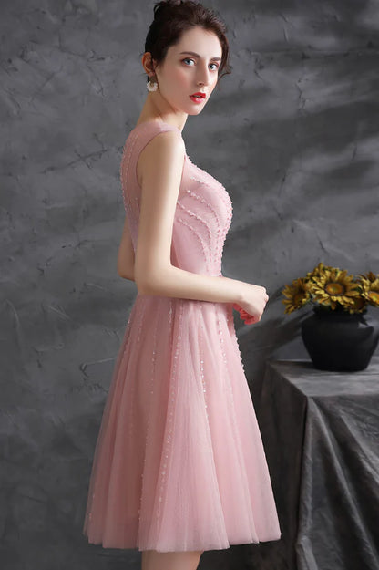 Pink Scoop Tulle Short Prom Dress with Beaded Pink Knee Length Party Dress