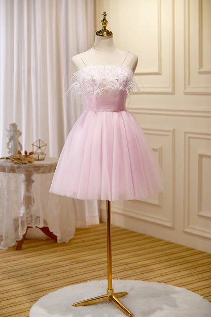 Pink Spaghetti Strap Tulle Short Prom Dress with Feather Pink Party Dress