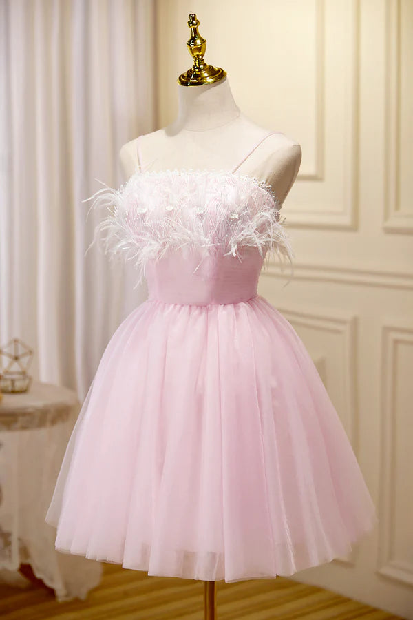 Pink Spaghetti Strap Tulle Short Prom Dress with Feather Pink Party Dress