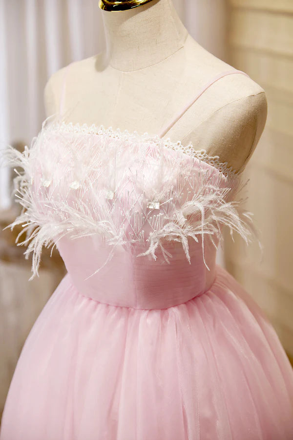 Pink Spaghetti Strap Tulle Short Prom Dress with Feather Pink Party Dress