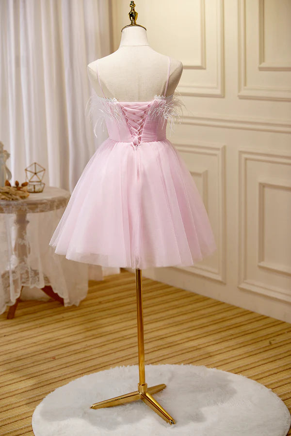 Pink Spaghetti Strap Tulle Short Prom Dress with Feather Pink Party Dress