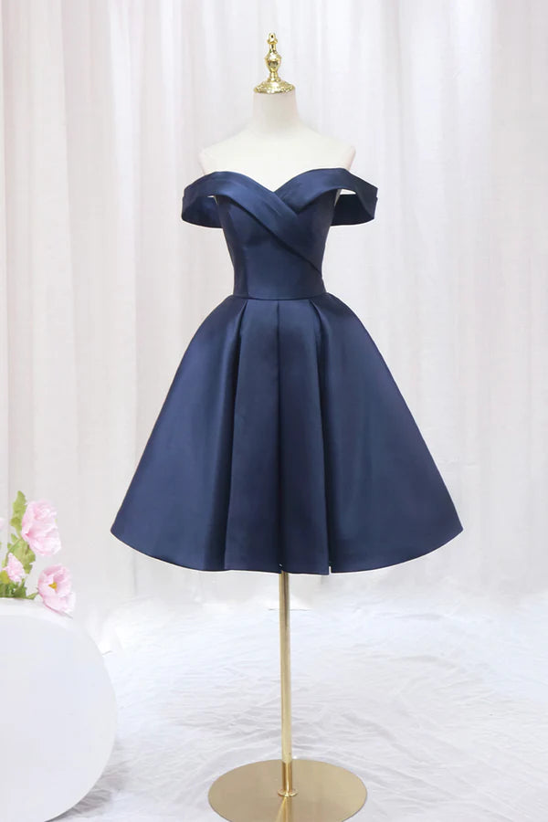 Blue Knee Length Satin Short Prom Dress Off the Shoulder Blue Homecoming Dress