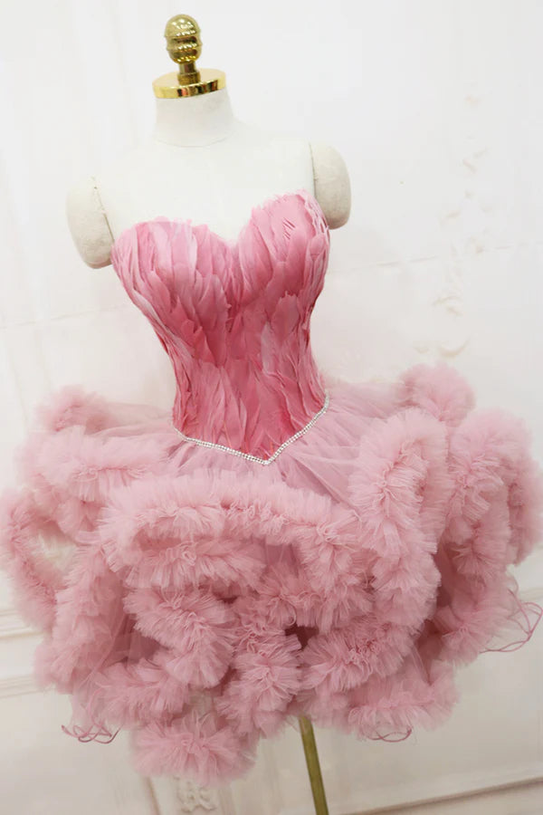 Pink Sweetheart Neck Tulle Party Dress A Line Short Prom Dress with Feather