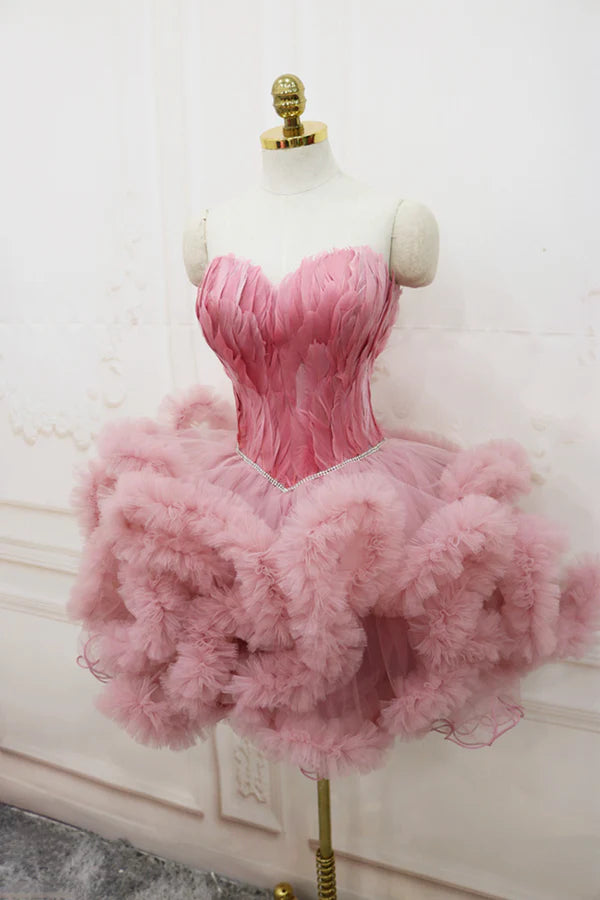 Pink Sweetheart Neck Tulle Party Dress A Line Short Prom Dress with Feather