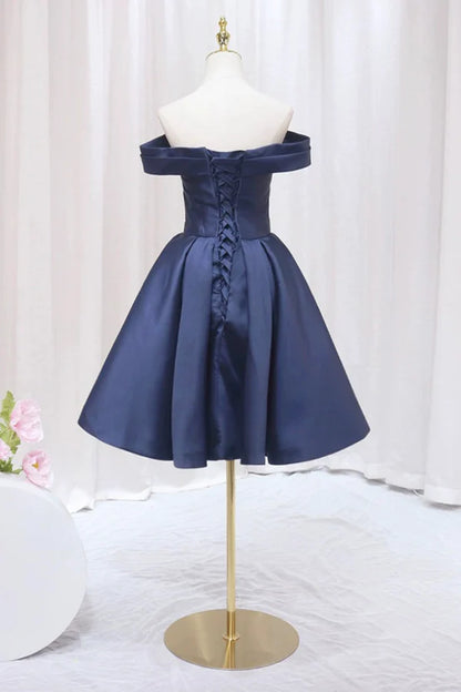 Blue Knee Length Satin Short Prom Dress Off the Shoulder Blue Homecoming Dress