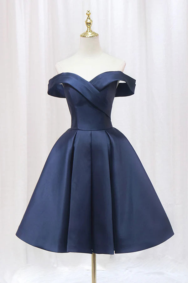 Blue Knee Length Satin Short Prom Dress Off the Shoulder Blue Homecoming Dress