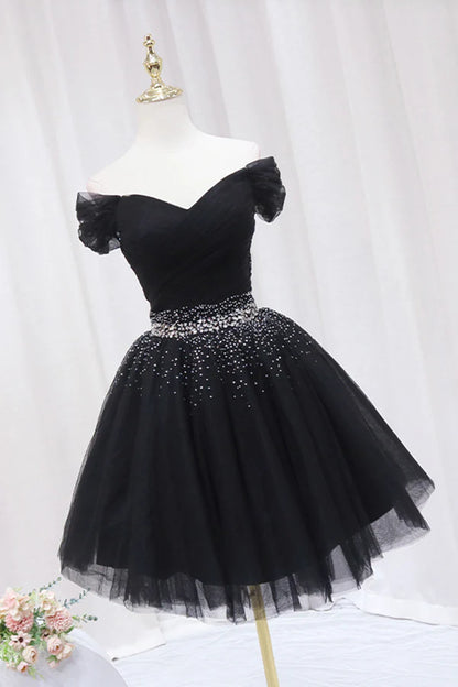 Black Tulle Beaded Short Prom Dress Off Shoulder Evening Party Dress