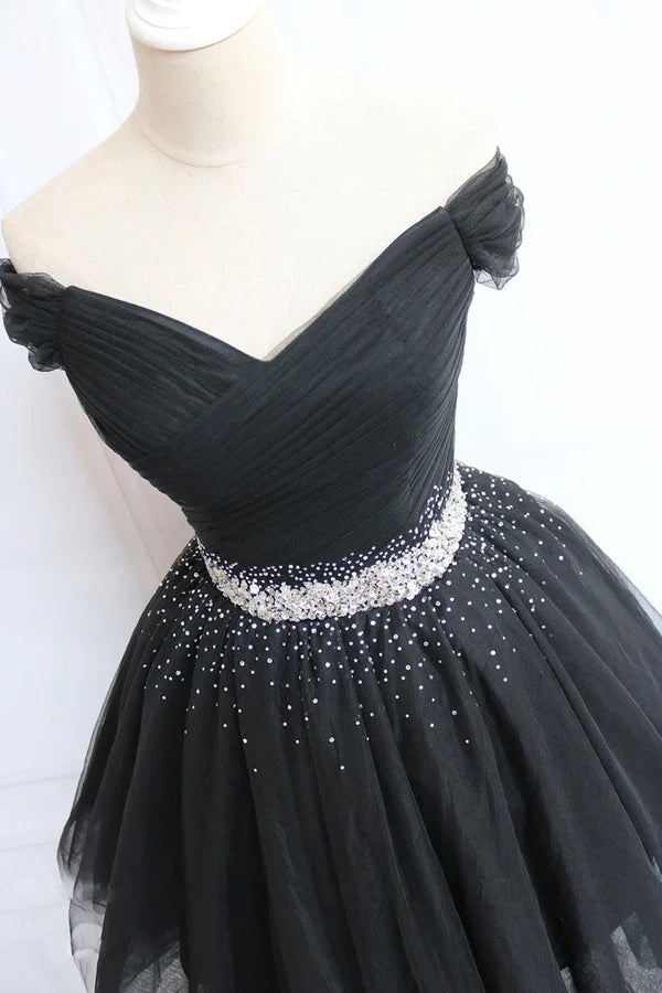 Black Tulle Beaded Short Prom Dress Off Shoulder Evening Party Dress